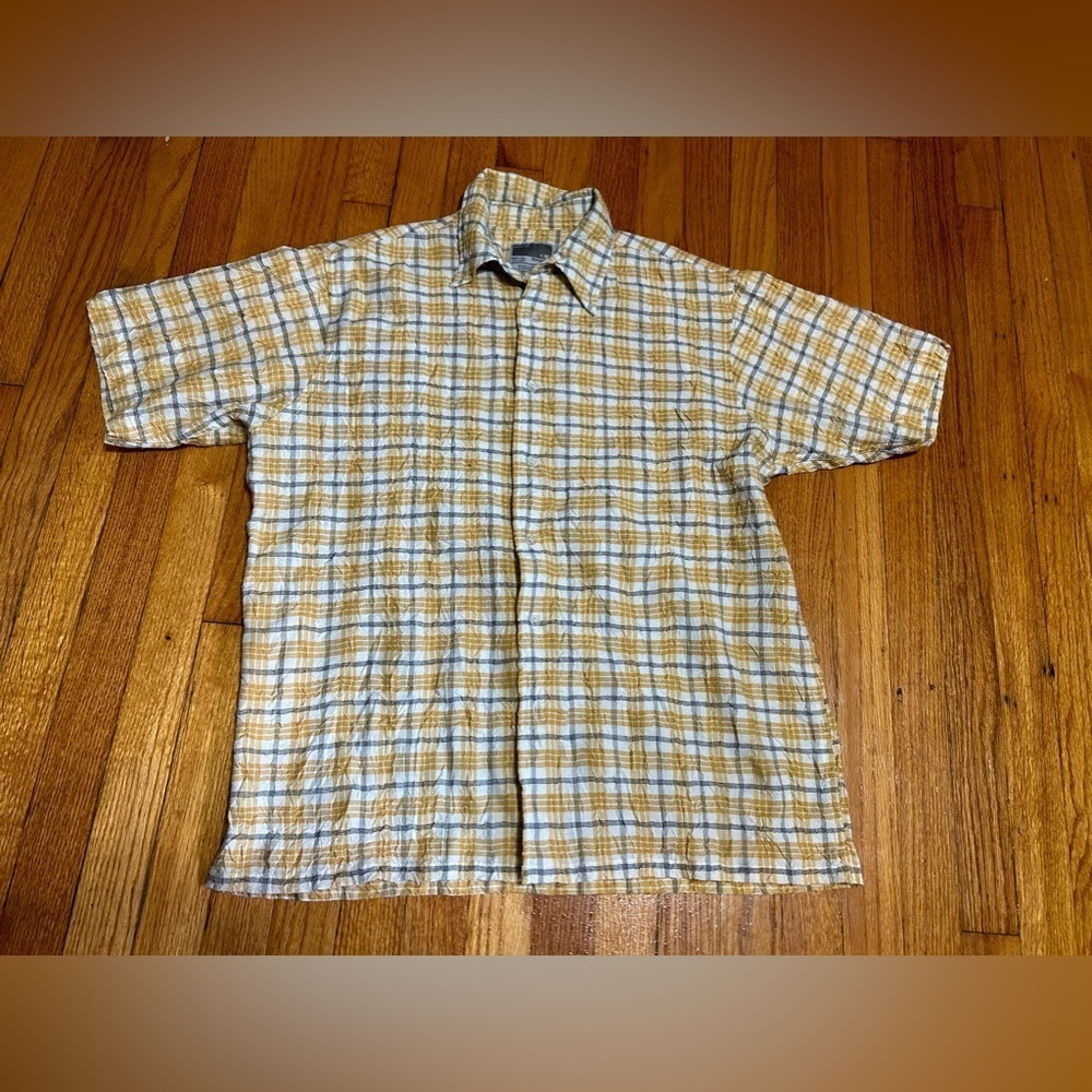 FERRUCHE‎ Men’s Casual Dress Shirt Short Sleeves L Button Up Sheer Sucker Shirt